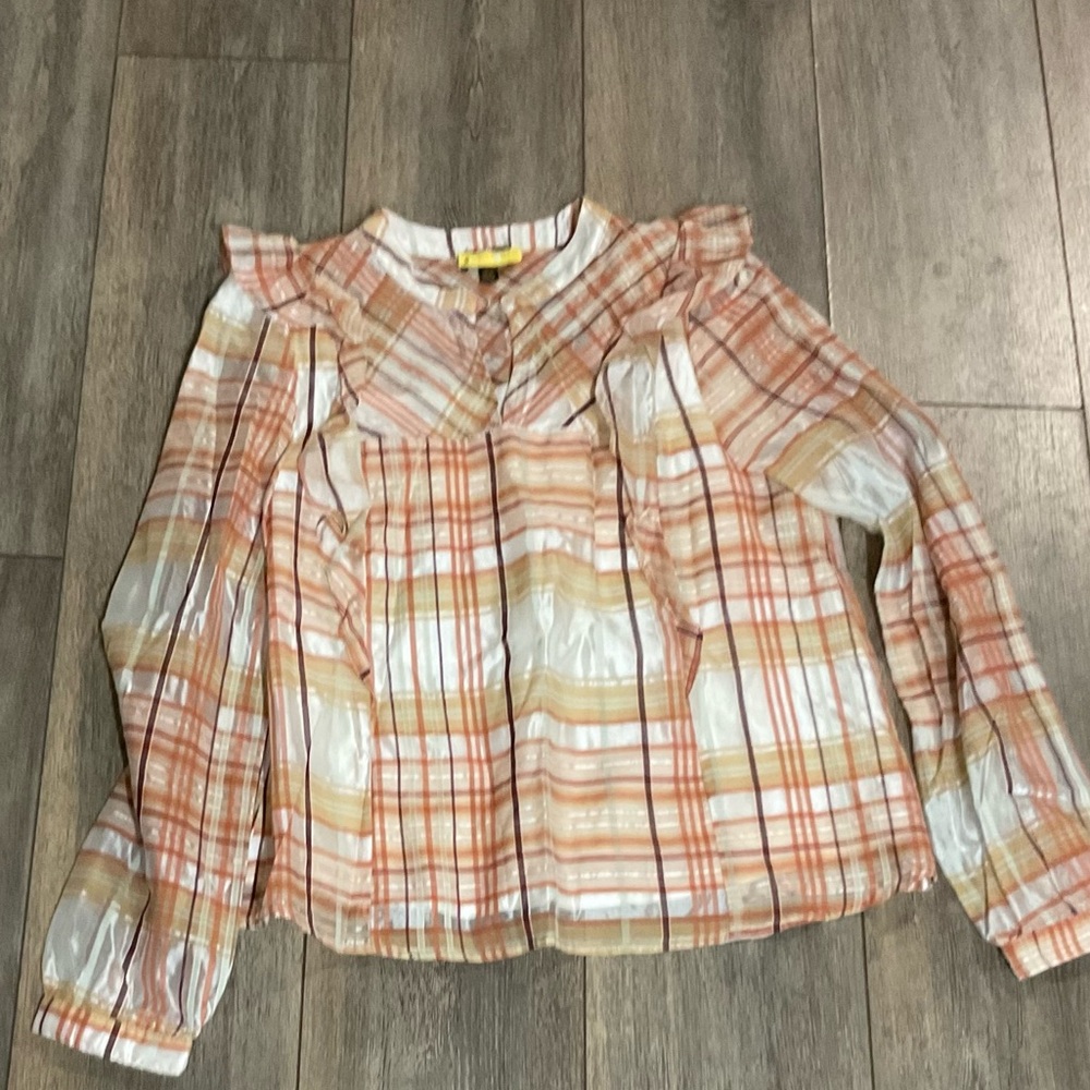 Anthropology Current Air Polly Ruffled Plaid Peasant-Style Blouse, Medium